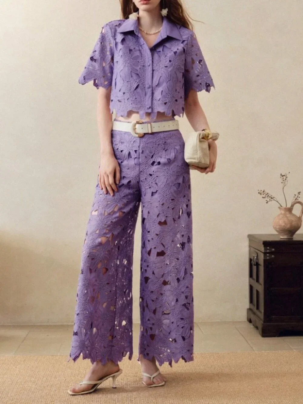 Lilac Floral Lace Crop Top & Wide Leg Pants Set